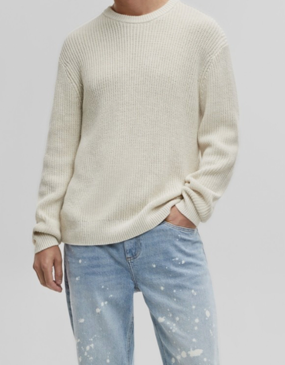 Mode of One Men Knit Cable Crewneck Sweater Bleached Oak XL